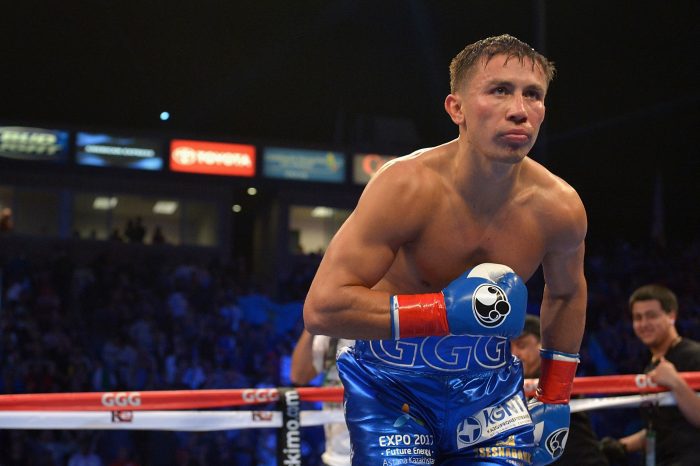 LOS ANGELES, CA - OCTOBER 18: Gennady Gennadyevich Golovkin of Kazakhstan celebrates after beating Marco Antonio Rubio of Mexico in two rounds of the WBC Interim Middleweight Title bout at StubHub Center on October 18, 2014 in Los Angeles, California. (Photo by Jonathan Moore/Getty Images)